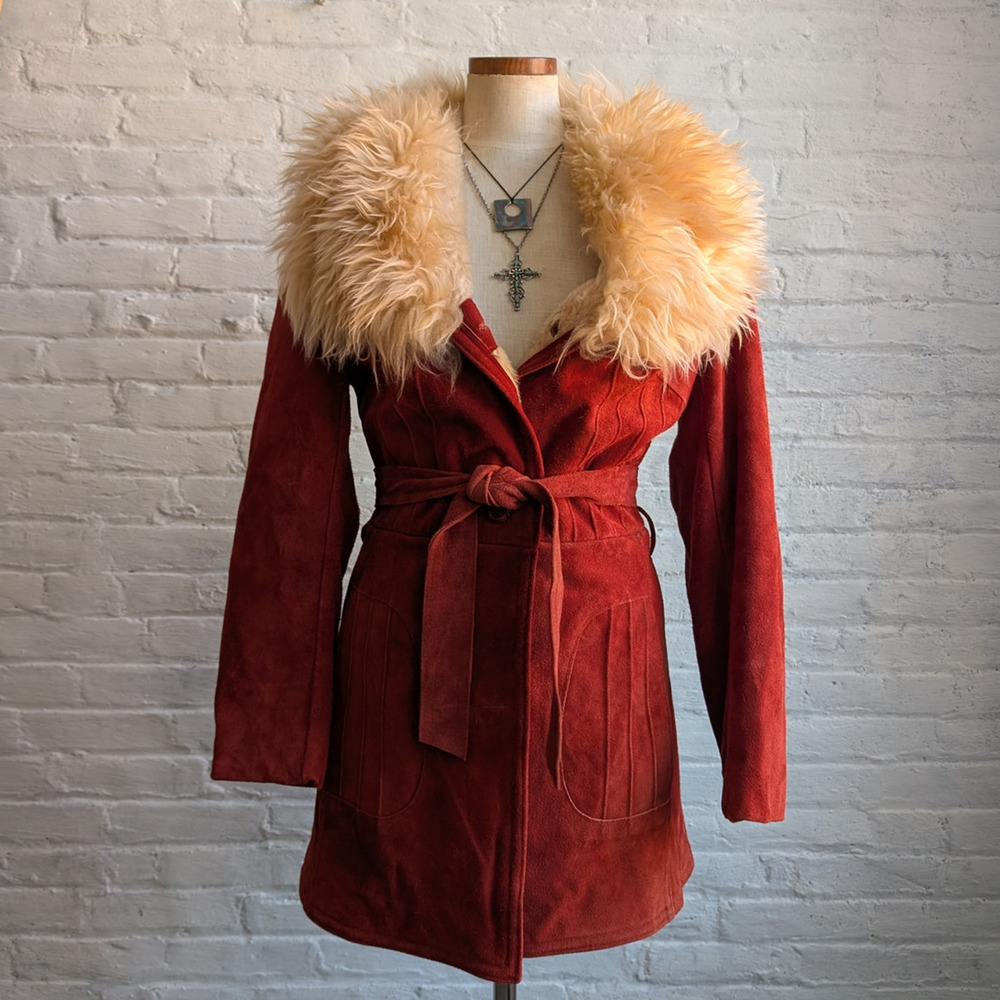 Vintage Leather Jacket Penny Lane Jacket Faux Fur Coat 70s Tapestry Trench Coat - Picture 16 of 16